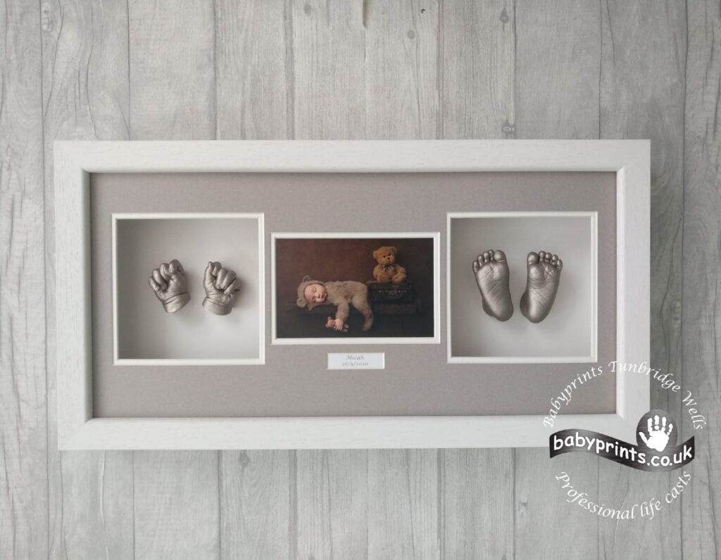 Baby Prints Tunbridge Wells Baby Hand and Foot Casting in frame with professional newborn photo