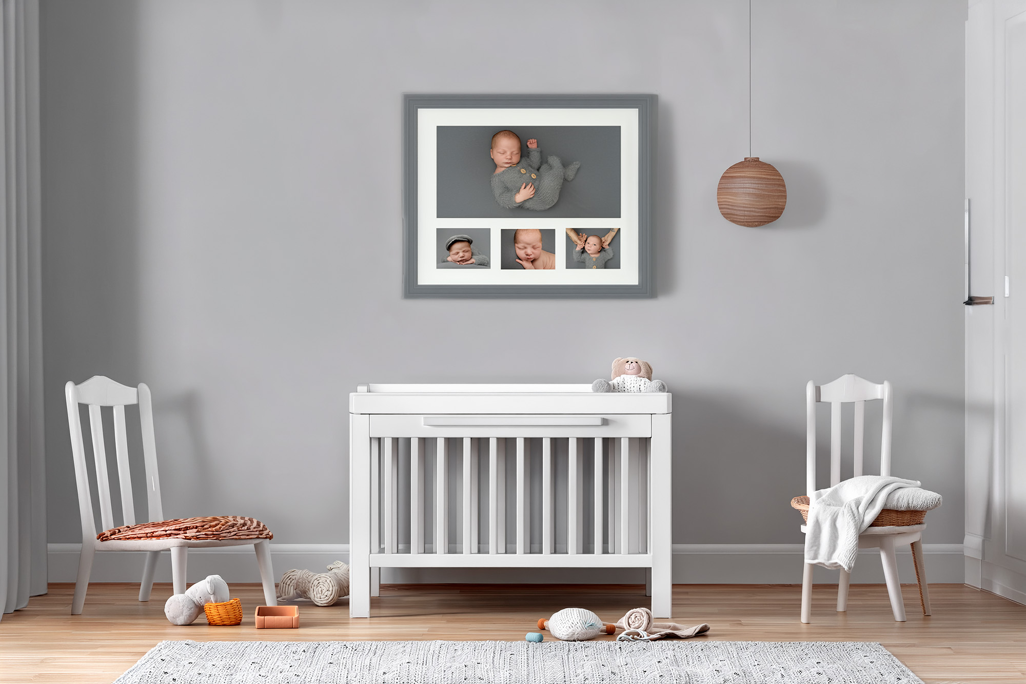 Grey multi Aperture frame with newborn baby images hanging over a cot in baby's bedroom