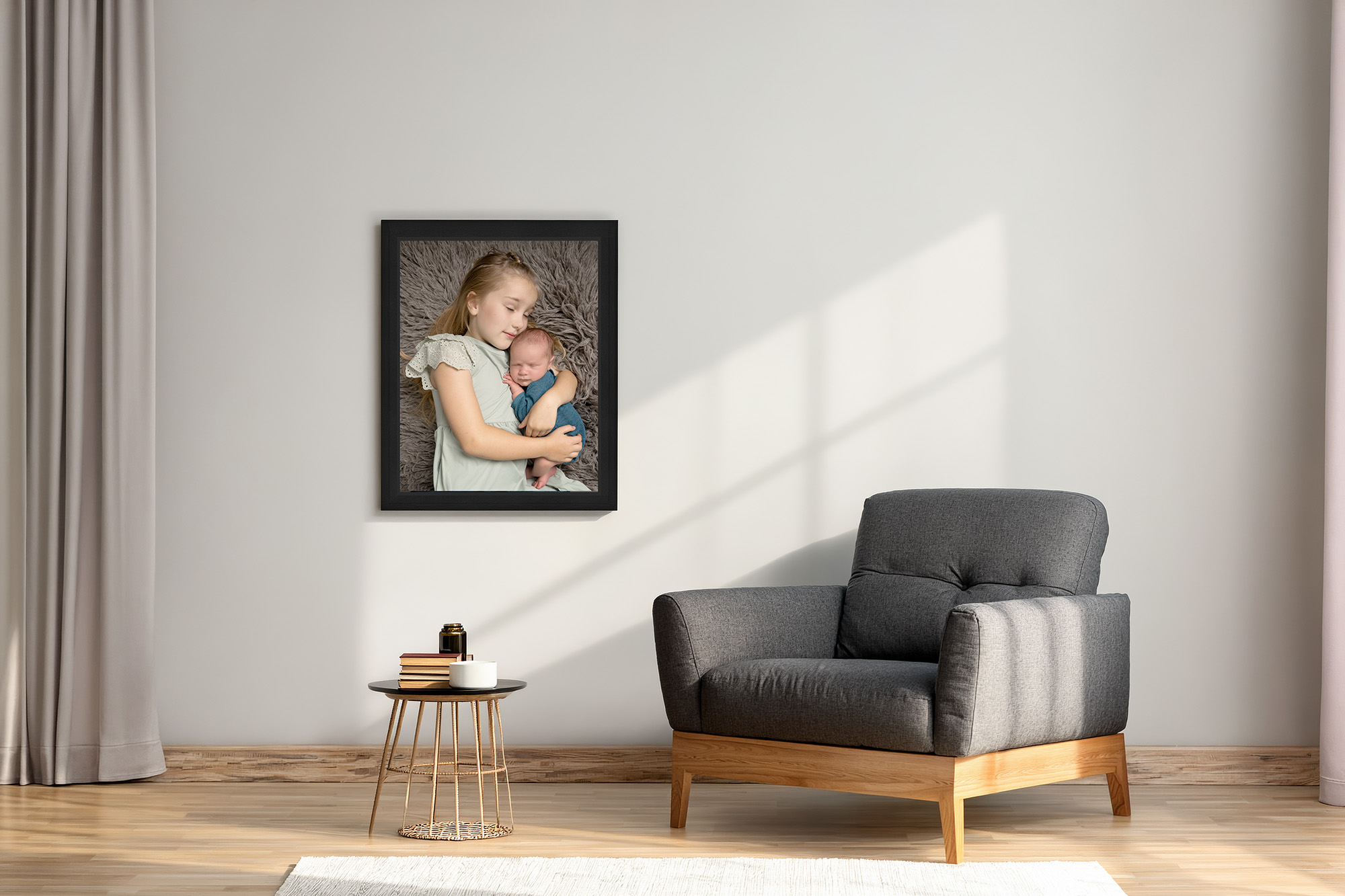Framed Mount wall art of young girl cuddling her new baby brother