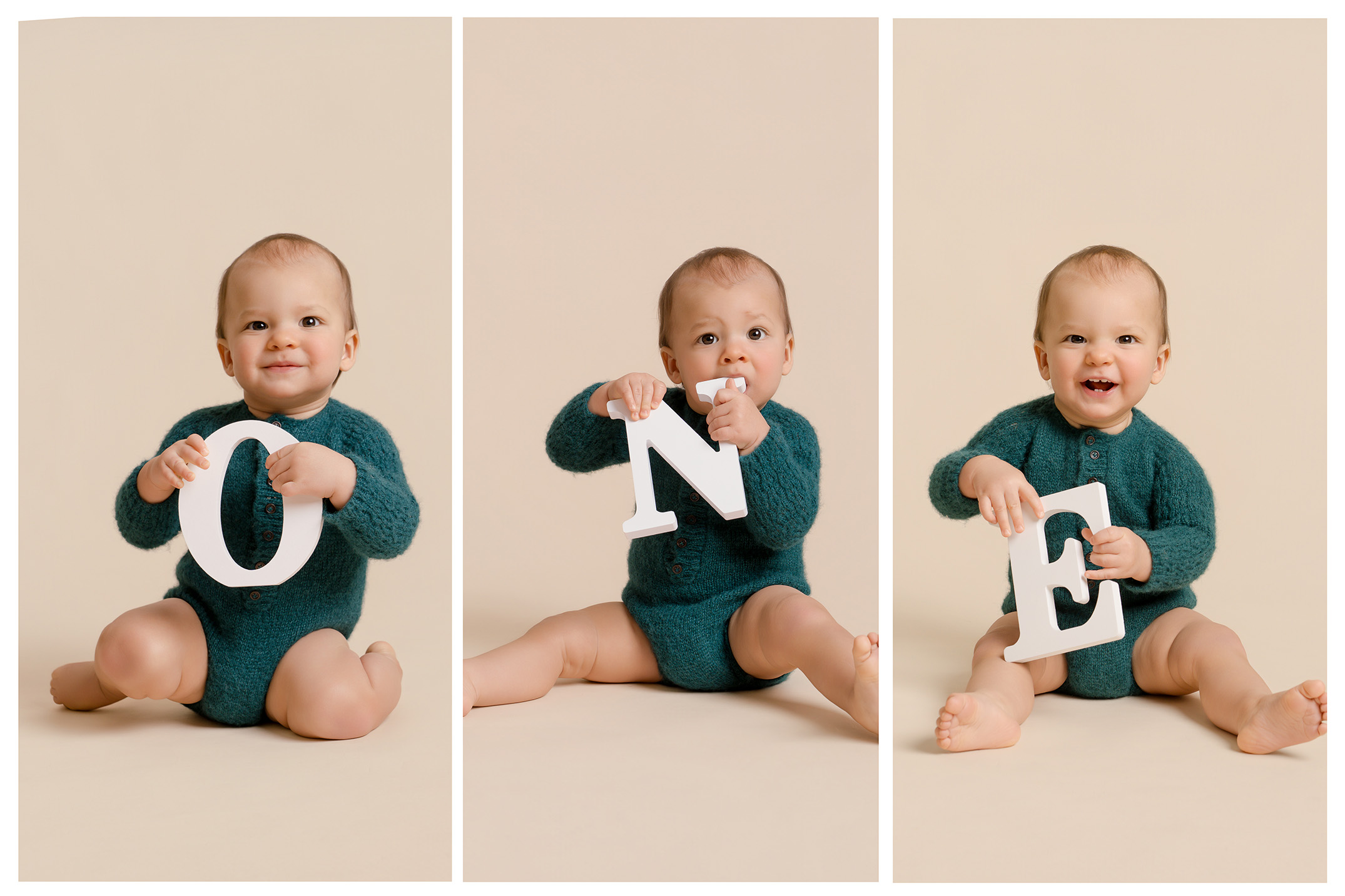 Three photos of a baby boy holding up letters to spell out the word one at his cake smash near Redhill