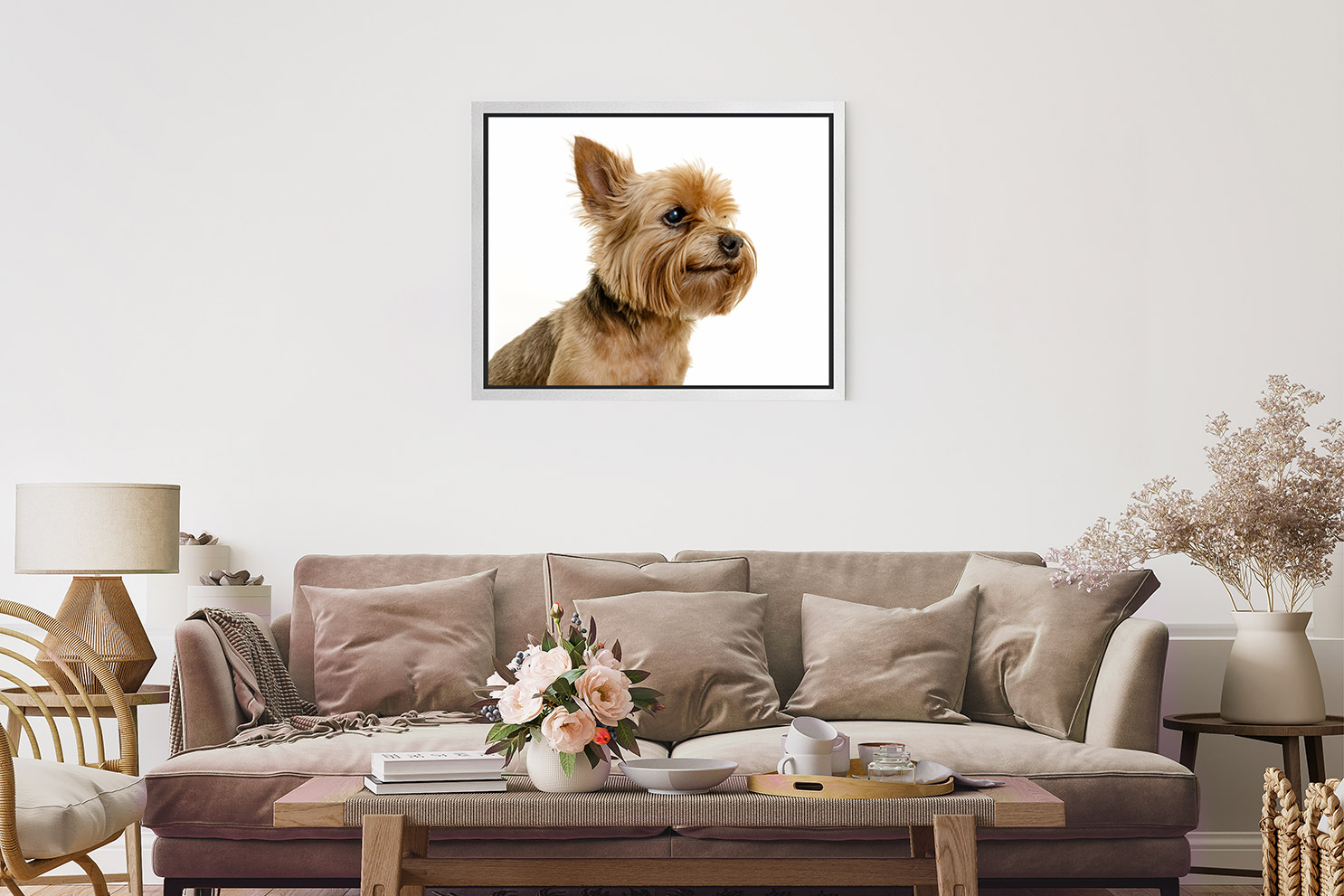 Framed Mount wall art of dog above a brown sofa